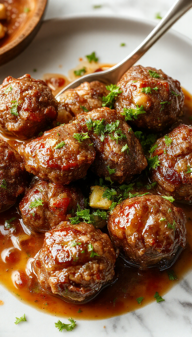 A rustic wooden table showcasing a serving of juicy Salisbury steak meatballs glazed with rich brown sauce, garnished with fresh parsley, accompanied by creamy mashed potatoes and steamed vegetables, with a background of a slow cooker pot and warm ambient lighting.