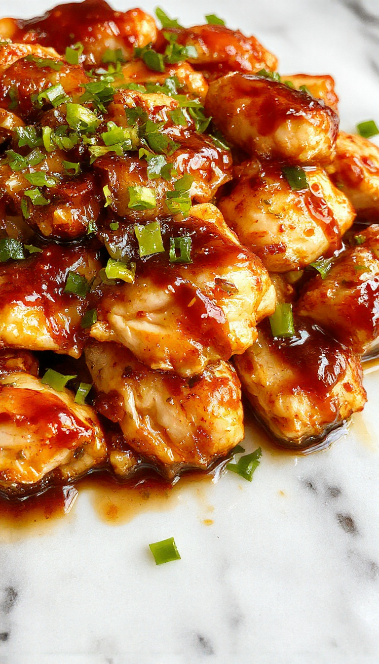 Vivid image of a colorful stir fry dish with tender chicken pieces coated in glossy teriyaki sauce, served on a white plate garnished with sesame seeds and chopped green onions, surrounded by fresh vegetables including bell peppers and broccoli, styled with a wooden background and natural lighting highlighting textures and vibrant colors.
