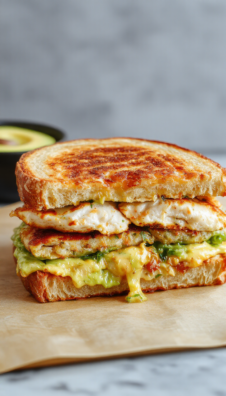 A close-up of a delicious Divine Chicken Avocado Melt sandwich with crispy bread, creamy avocado slices, tender chicken, and melty cheese.