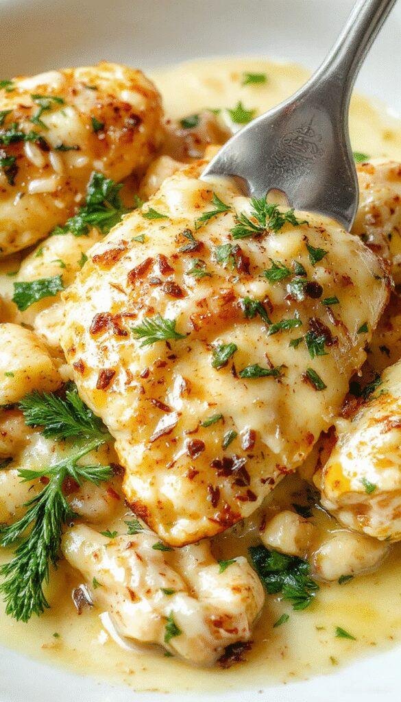 A plate of creamy chicken Alfredo topped with shredded Parmesan and fresh garlic, garnished with parsley, served alongside garlic bread and steamed vegetables.