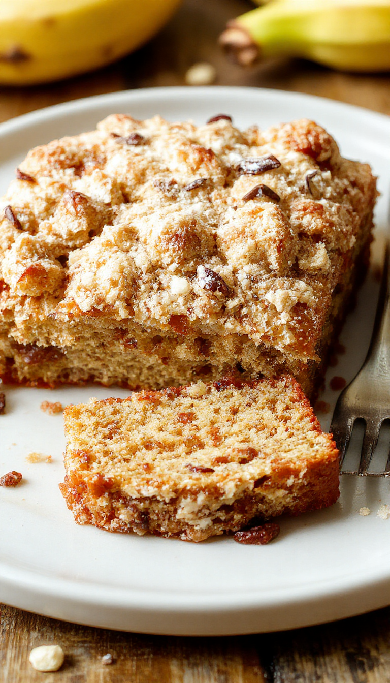 A slice of Divine Homemade Banana Crumb Cake showcasing its golden crumb topping and moist banana-flavored interior on a rustic plate.