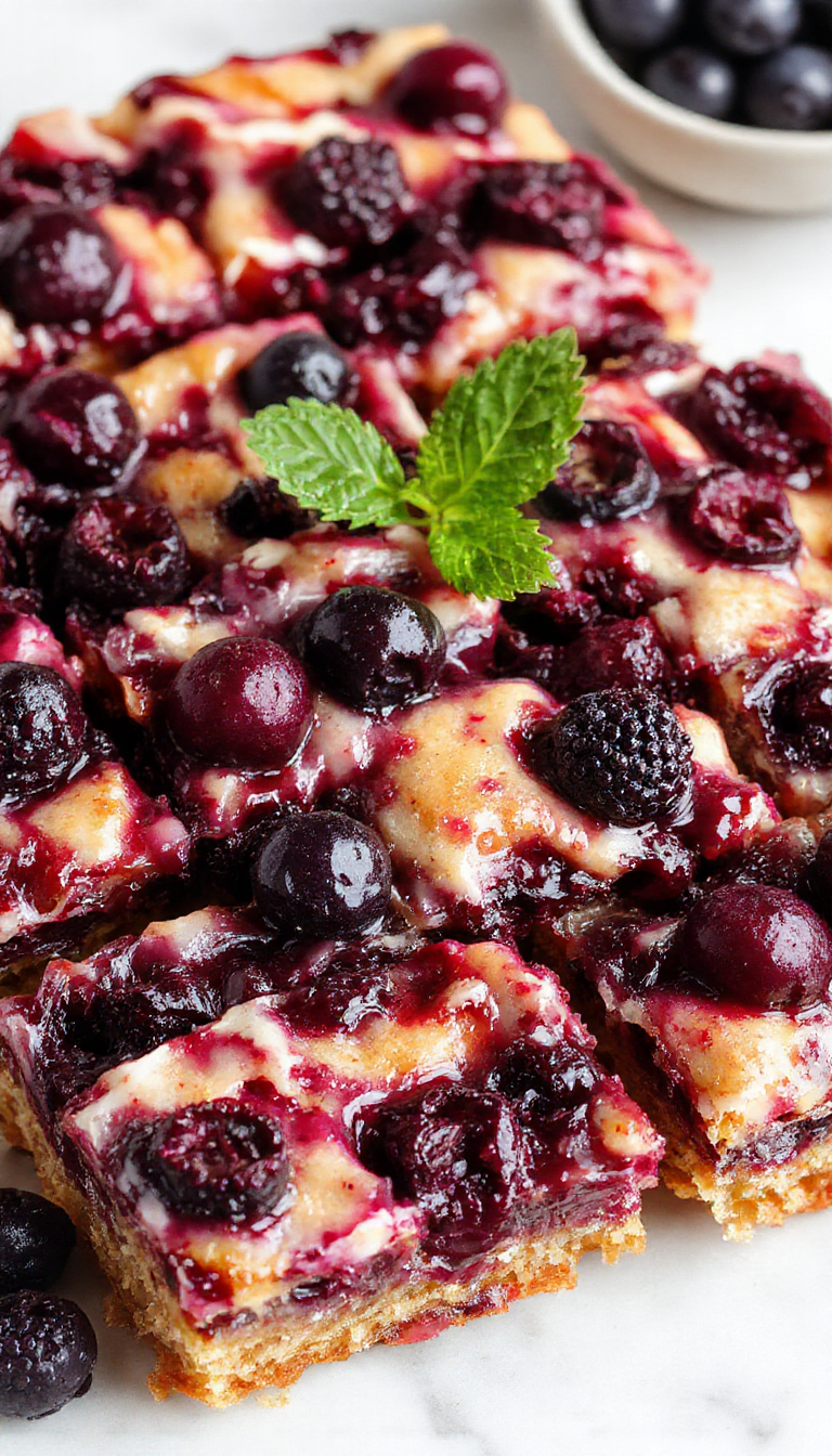 A close-up of Dreamy Blueberry Bliss Bars showcasing golden crust topped with juicy blueberries and a glossy glaze.