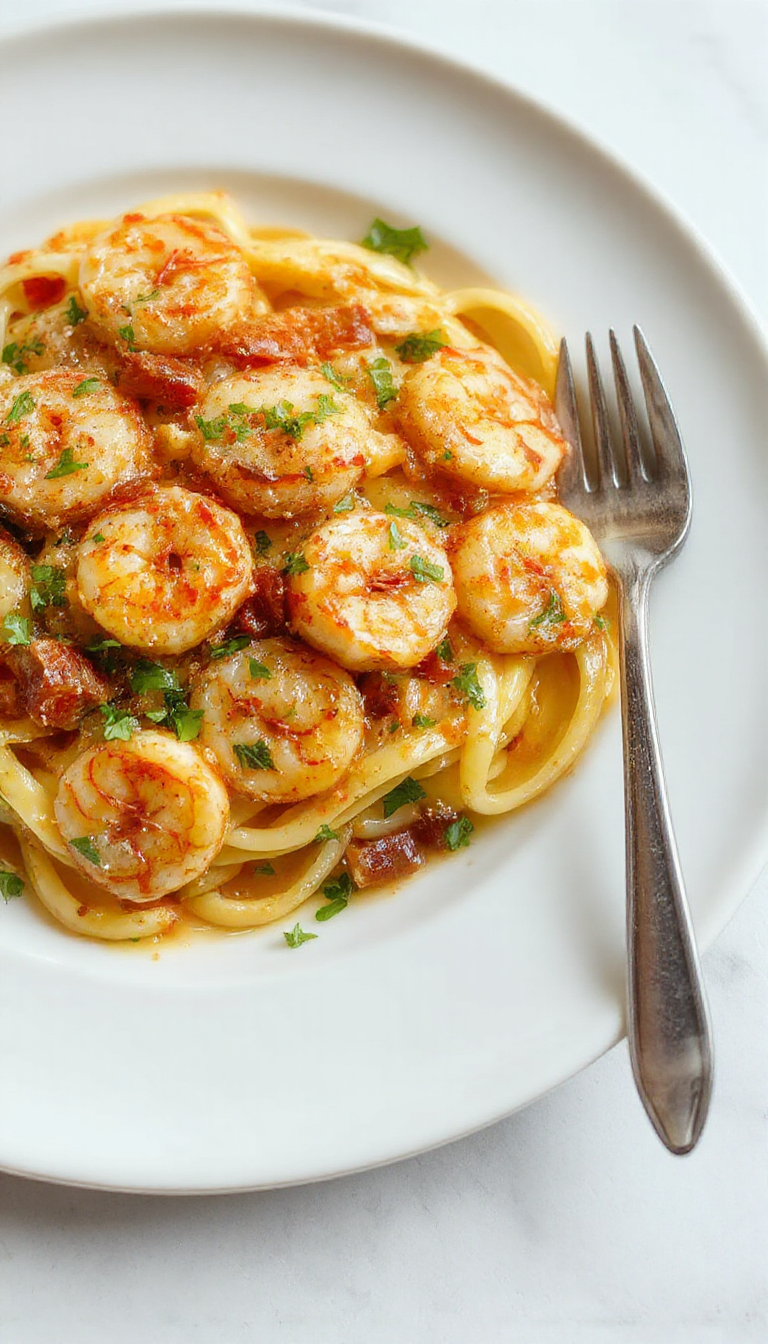 A plate of creamy garlic shrimp pasta garnished with fresh parsley, served on a white dish with a fork on the side.
