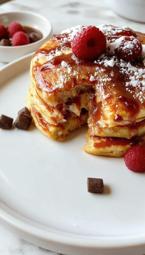 A stack of fluffy Paradise Pancakes topped with fresh berries and a drizzle of maple syrup on a rustic wooden table.