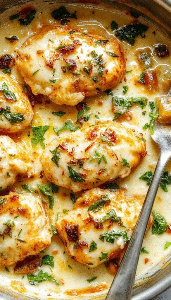 A plated dish of creamy spinach chicken served on a rustic wooden table, garnished with fresh herbs and accompanied by lemon wedges.