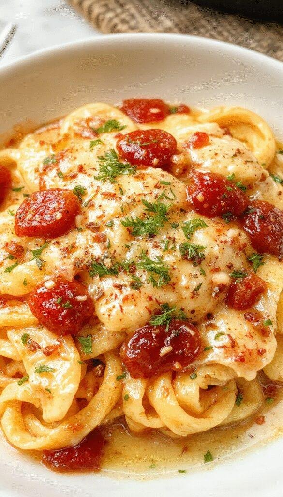 A bowl of creamy tomato pasta garnished with fresh basil and grated Parmesan, served on a rustic wooden table.