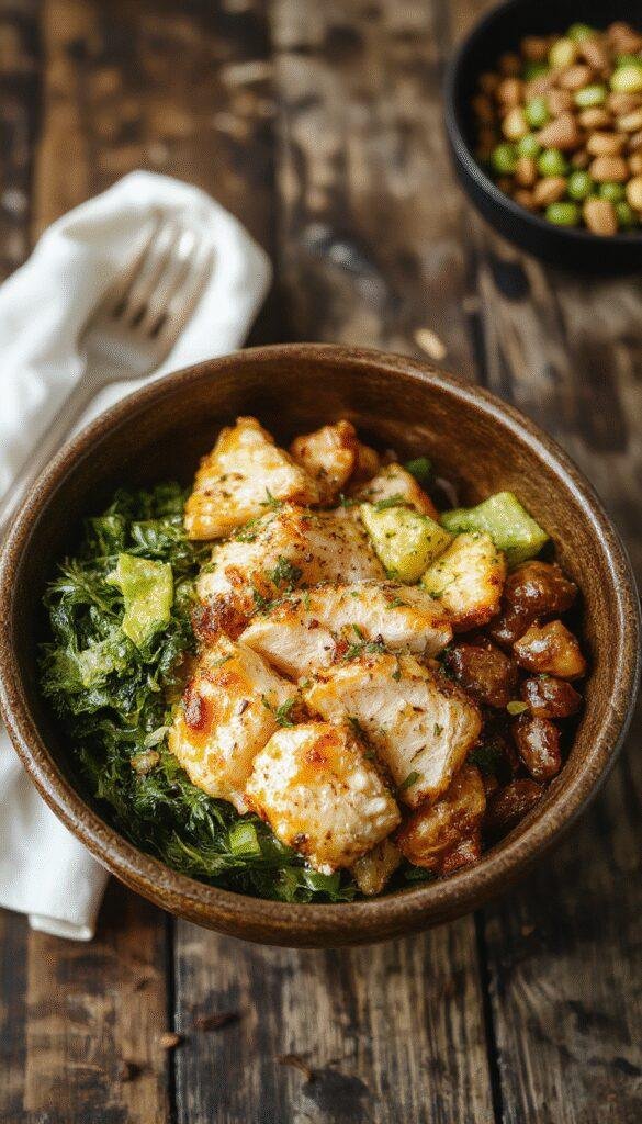 A colorful bowl filled with grilled chicken, quinoa, fresh vegetables, and vibrant herbs, representing the Dynamic Chicken Power Bowl.