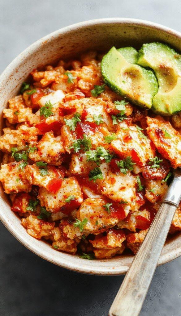 Colorful fiesta rice bowls with vibrant vegetables, seasoned rice, and toppings like salsa and beans arranged in a bowl.