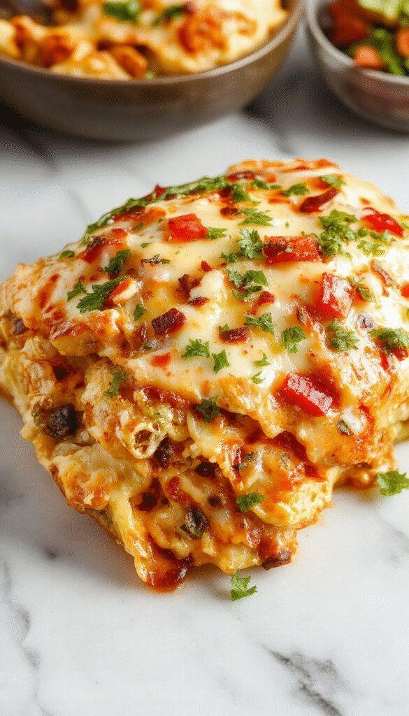 A colorful chicken burrito casserole served in a baking dish, topped with melted cheese, fresh chopped cilantro, and diced tomatoes, with a side of sour cream and sliced jalapenos, vibrant reds, greens, and golden-brown crust creating an inviting presentation.