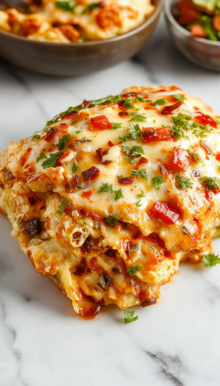 A colorful chicken burrito casserole served in a baking dish, topped with melted cheese, fresh chopped cilantro, and diced tomatoes, with a side of sour cream and sliced jalapenos, vibrant reds, greens, and golden-brown crust creating an inviting presentation.