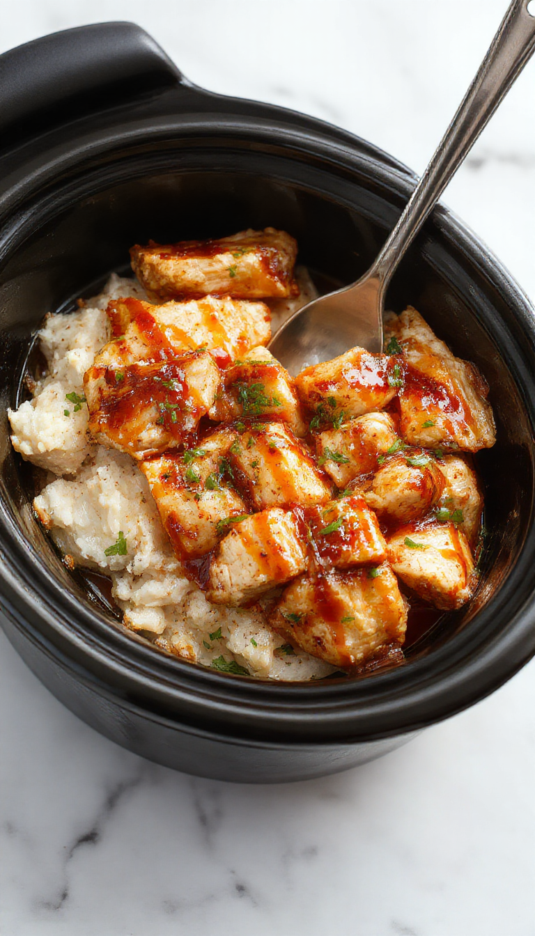 Colorful crockpot filled with tender, caramelized teriyaki chicken glistening with sauce, garnished with chopped green onions and sesame seeds on a white plate for contrast.