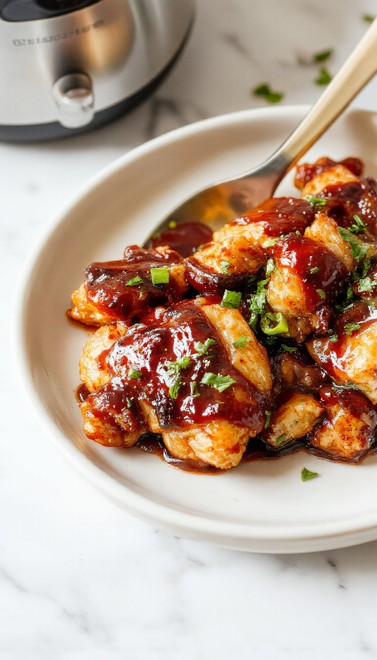 Colorful and glossy crockpot teriyaki chicken served on a white plate, garnished with green chopped scallions and sesame seeds, with a rich, sticky sauce coating tender shredded chicken, set against a blurred kitchen background.
