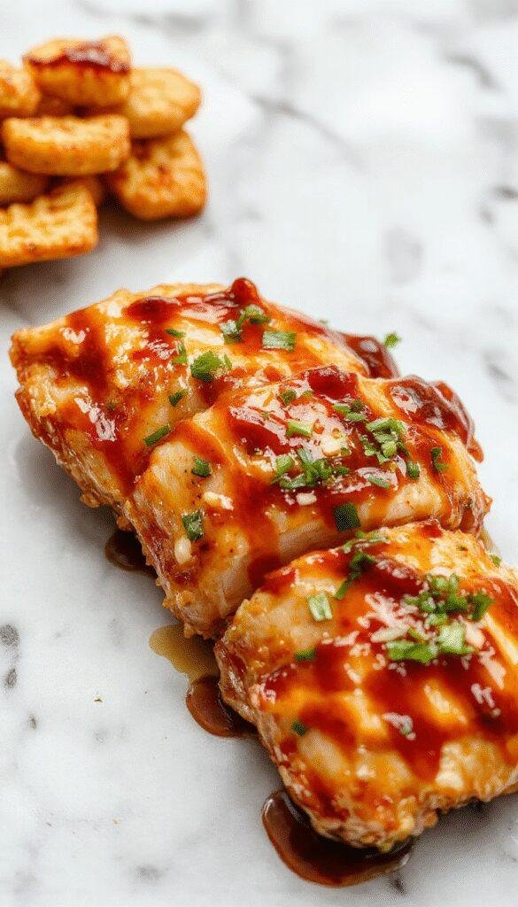 A close-up of tender, glazed crockpot teriyaki chicken arranged on a white plate with sesame seeds and chopped green onions on top, served alongside steamed rice and colorful stir-fried vegetables, capturing a vibrant and appetizing presentation with a glossy sauce coating the chicken and a rustic wooden background.