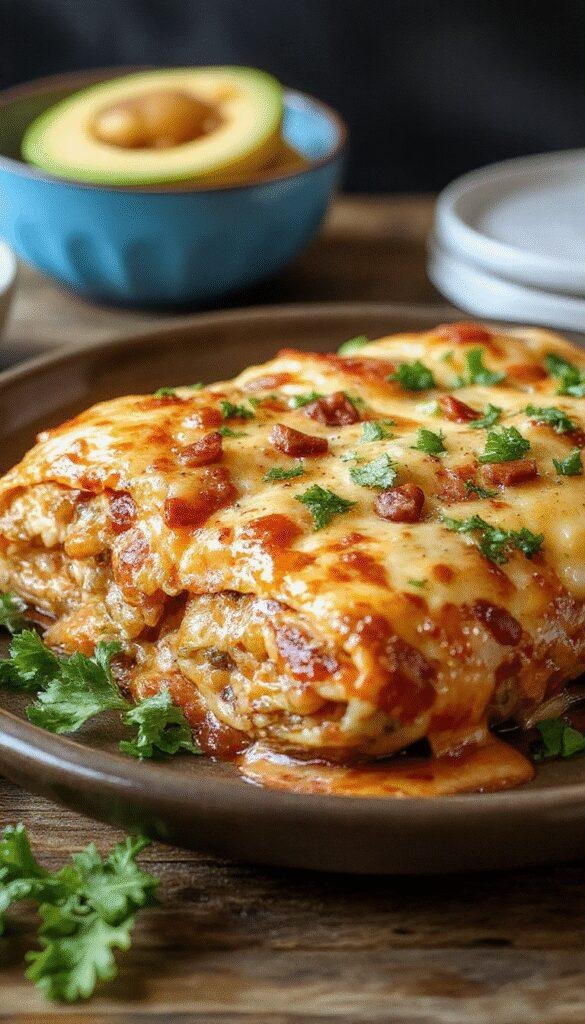 Colorful plate of Easy Enchilada Magic with layered tortillas, melted cheese, and vibrant red sauce, garnished with fresh herbs.