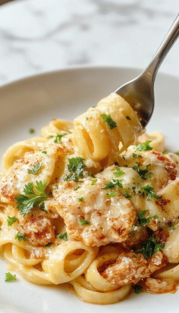 A vibrant plate of garlic parmesan chicken pasta featuring golden-brown grilled chicken slices atop a bed of al dente pasta coated in creamy parmesan sauce, garnished with chopped parsley and a sprinkle of grated cheese. The dish is styled on a rustic wooden table with side fresh vegetables, with a focus on bright colors and textures.