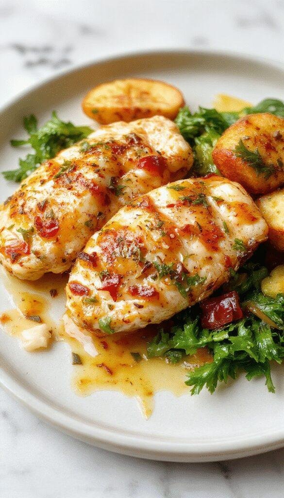 A close-up of a creamy chicken dish served in a white bowl, garnished with fresh herbs. The chicken is tender with a rich, glossy sauce, set on a rustic wooden table alongside a sprig of thyme and cherry tomatoes for color and texture.