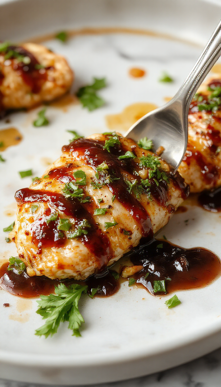 Colorful plated balsamic chicken on a rustic wooden table, garnished with fresh herbs, featuring a glossy caramelized exterior and vibrant side vegetables, styled with a sprig of rosemary and a drizzle of balsamic glaze.