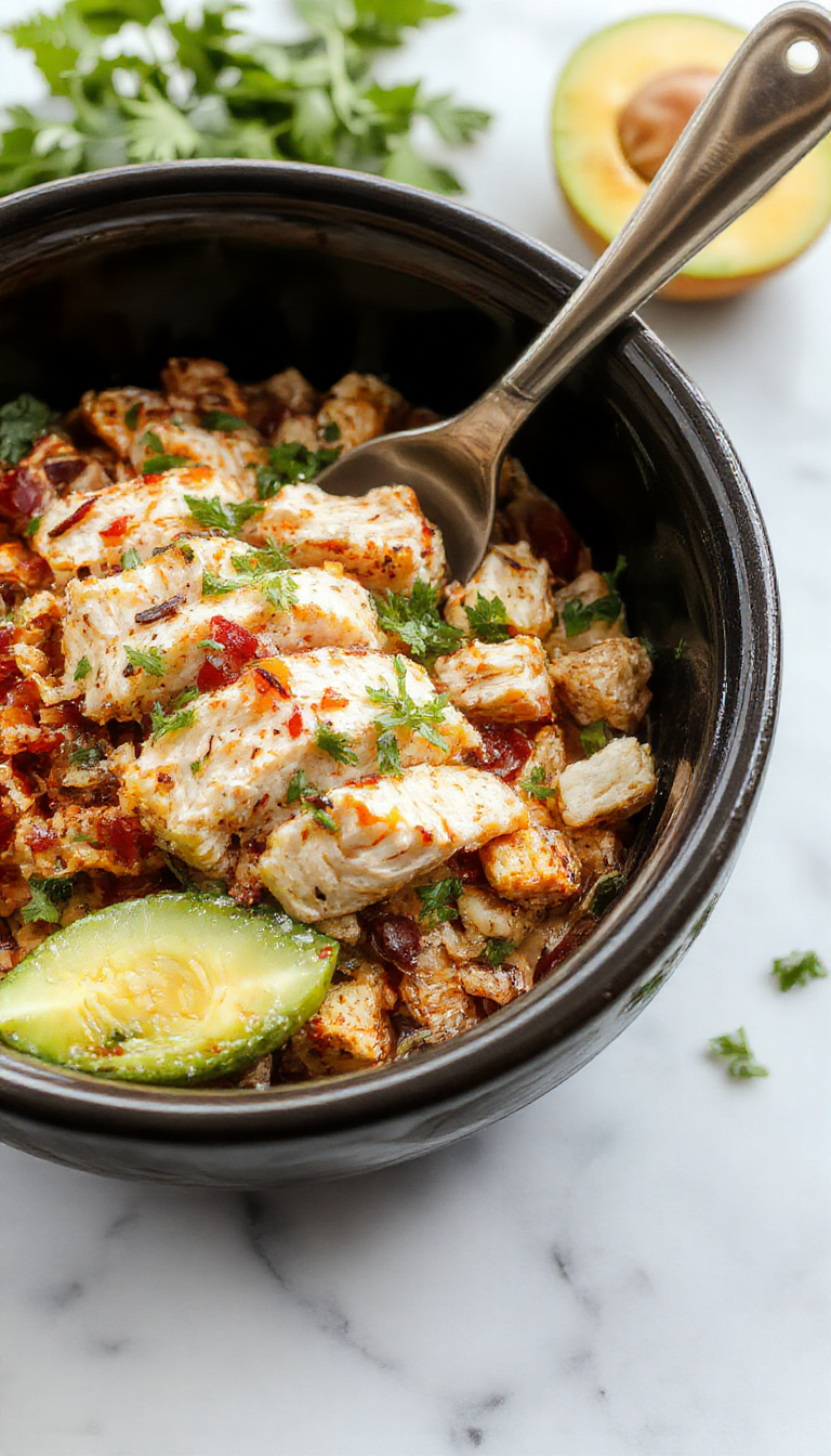A vibrant chicken burrito bowl featuring shredded tender chicken, colorful bell peppers, and black beans atop fluffy rice, garnished with fresh cilantro and melted cheese, served in a rustic bowl with a side of lime wedge and garnished with chopped green onions.