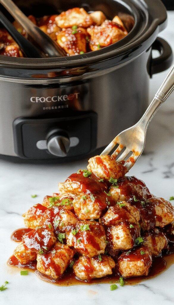 A glossy, caramelized crockpot teriyaki chicken served on a white plate garnished with sesame seeds and chopped green onions, with a side of steamed rice and vibrant vegetables in the background
