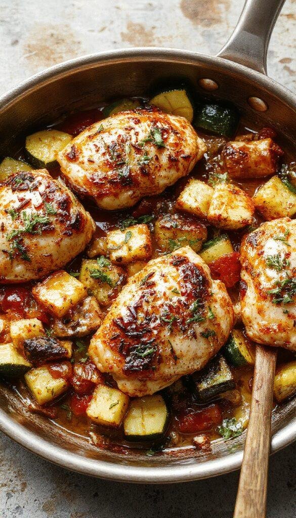 A vibrant one-pan dish featuring tender chicken pieces, sliced zucchini, cherry tomatoes, and herbs all cooked together on a rustic skillet.