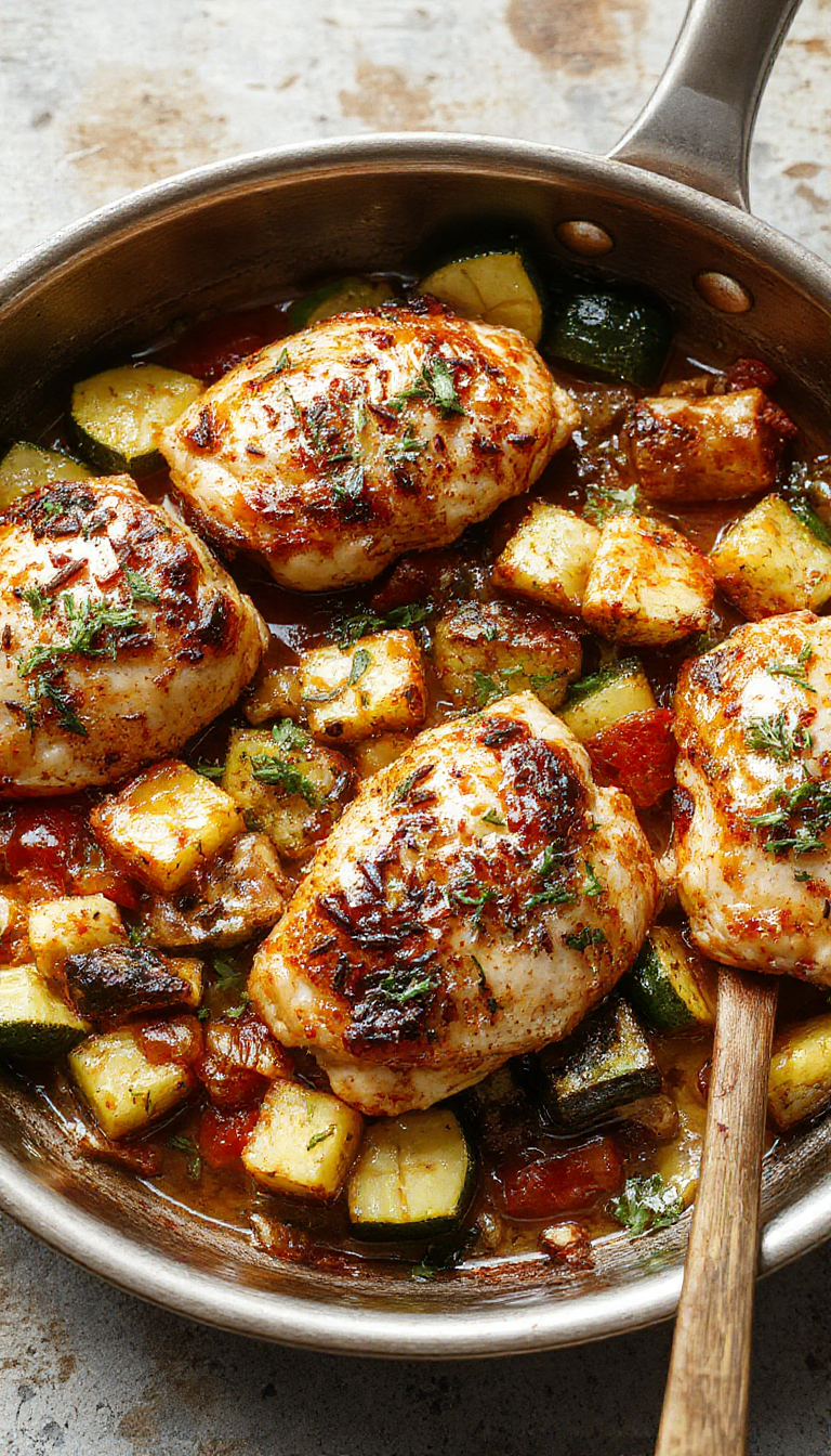 A vibrant one-pan dish featuring tender chicken pieces, sliced zucchini, cherry tomatoes, and herbs all cooked together on a rustic skillet.