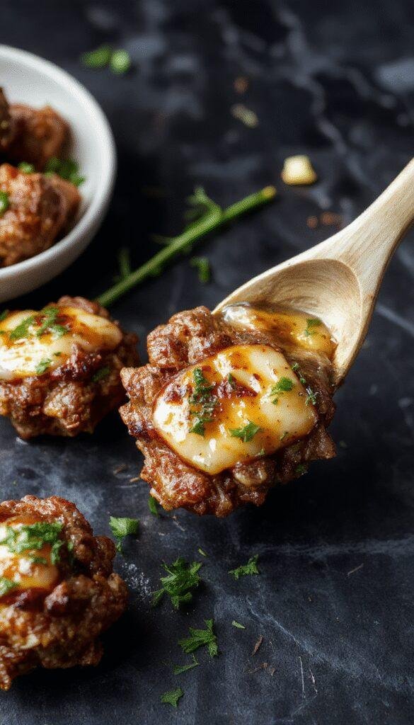Juicy beef bites cooked in garlic butter sauce garnished with fresh herbs on a rustic plate.