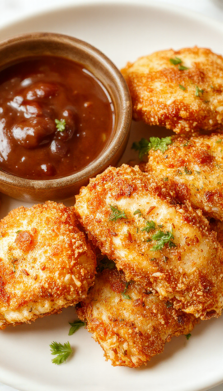 Golden crispy chicken strips arranged on a plate with dipping sauces, garnished with herbs, and served alongside fresh vegetables.