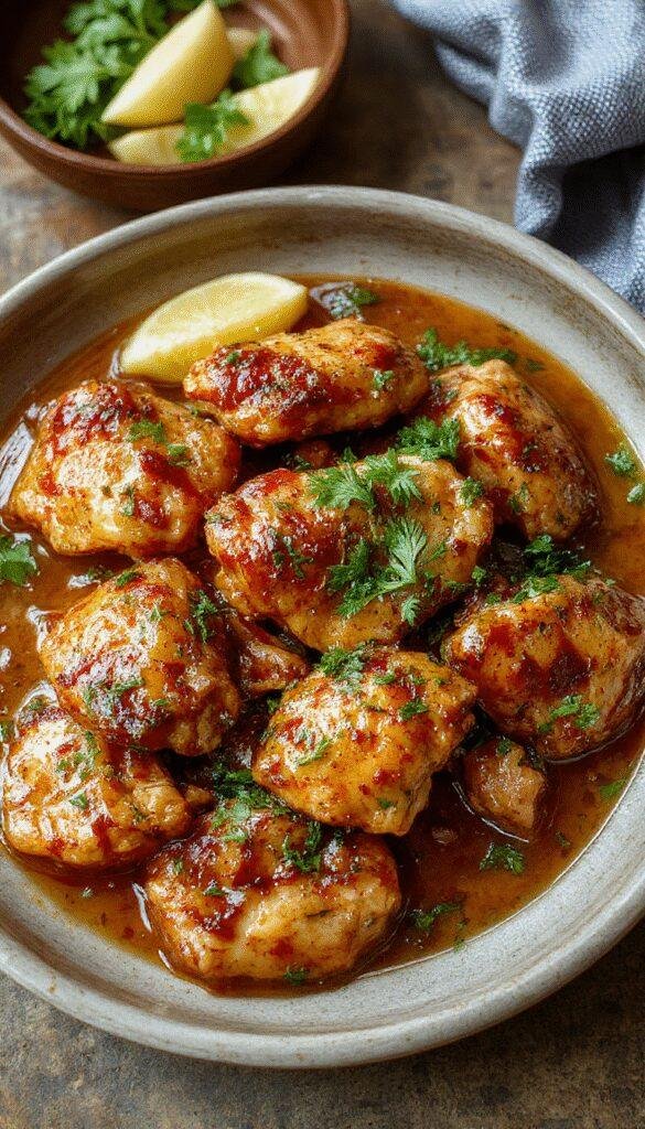 A plate of golden-brown butter chicken served with steaming basmati rice and fresh naan bread, garnished with cilantro and a sprinkle of spices.