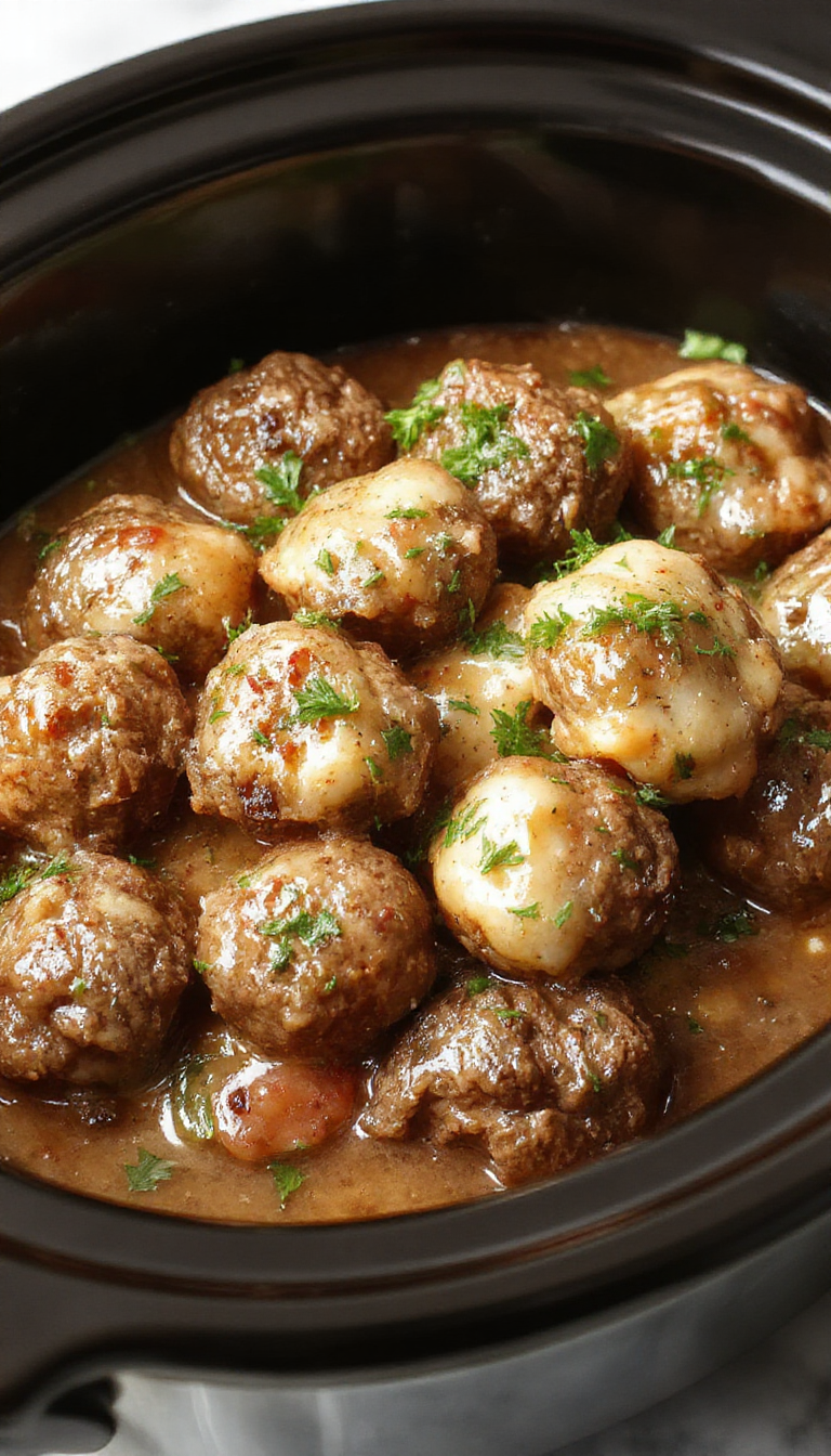 A rustic plate featuring savory Salisbury steak meatballs in a rich gravy, garnished with fresh herbs, served alongside mashed potatoes and vegetables, all cooked in a slow cooker.
