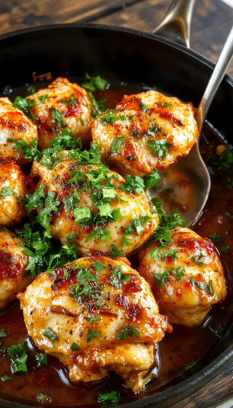 A sizzling skillet of creamy butter chicken garnished with fresh herbs, served with rice and naan on a wooden table.