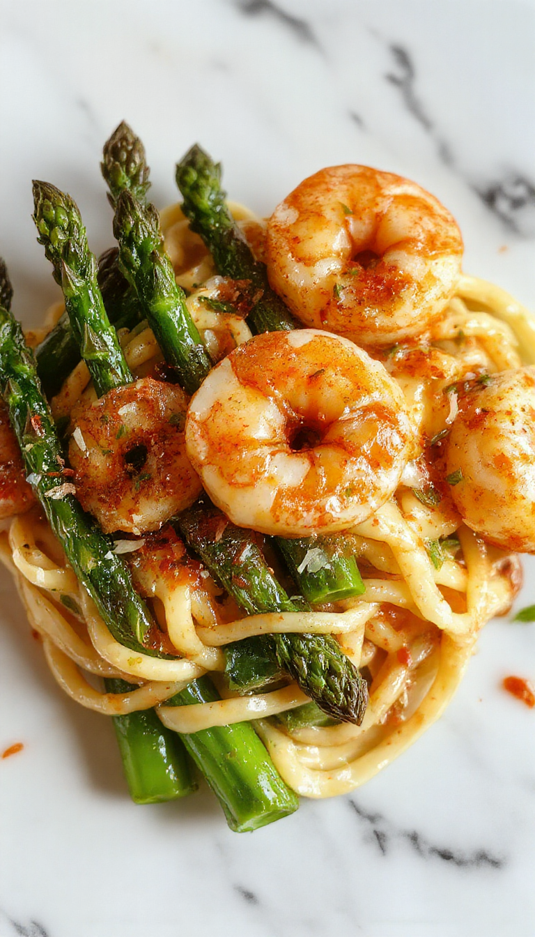 A vibrant plate of angel hair pasta topped with tender pink shrimp and bright green asparagus spears, garnished with fresh herbs, served on a white elegant dish with a light citrus sauce, surrounded by sprigs of fresh herbs and lemon slices, highlighting the colorful and textures of the dish