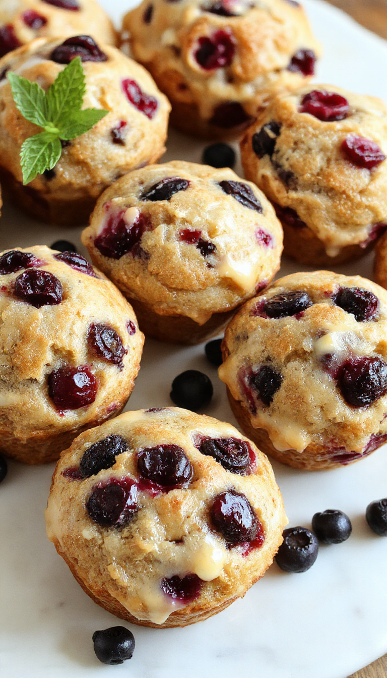 Fresh blueberry yogurt muffins on a rustic wooden table, showcasing golden tops with blueberries peeking through.