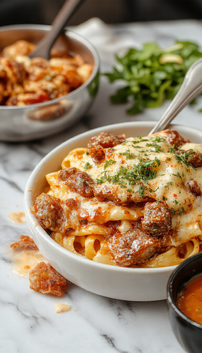 A vibrant plate of Philly Cheese Steak Pasta featuring tender strips of beef, melted cheese, and colorful bell peppers on a rustic wooden table, garnished with fresh herbs and served with a side of crusty bread.