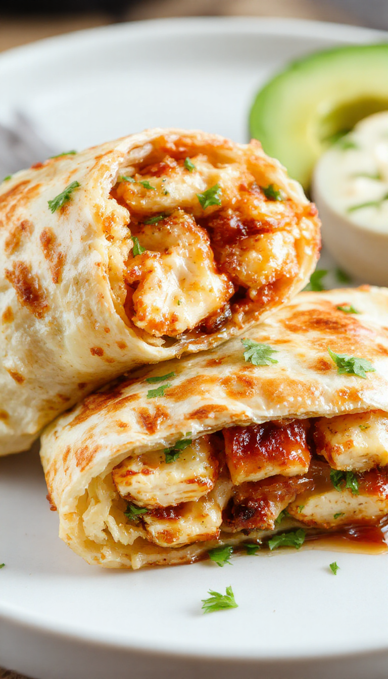 Close-up of savory chicken wraps filled with melted cheese, fresh garlic, and vibrant greens, garnished with herbs on a rustic wooden plate.