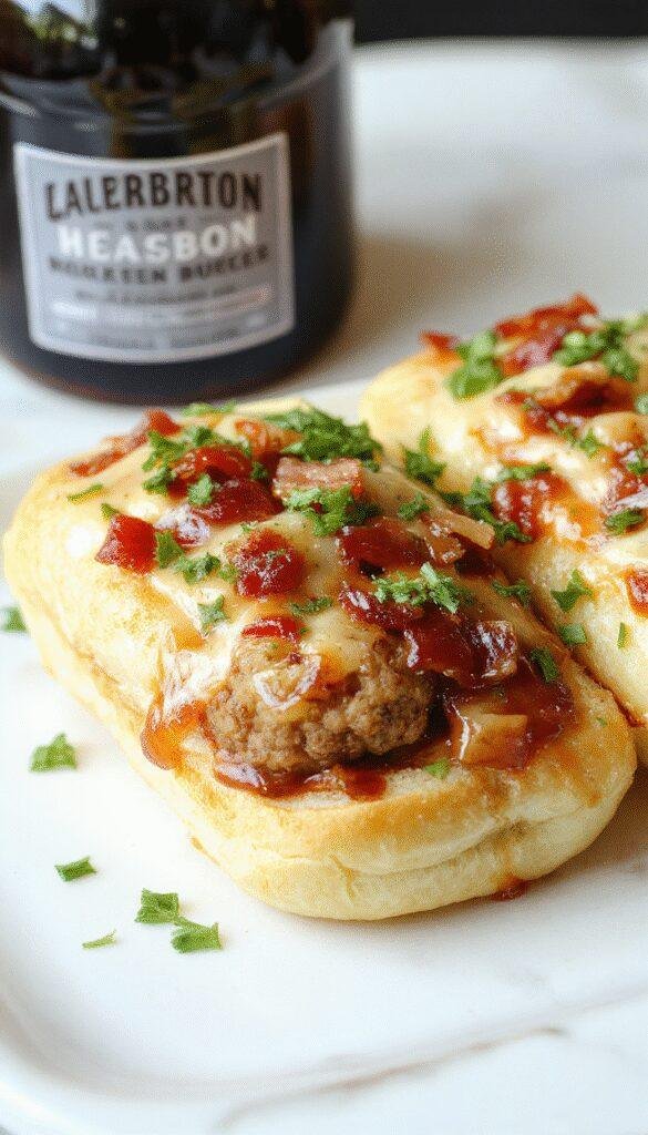 A plate of Flavor Frenzy Bourbon BBQ Bacon Cheeseburger Meatball Subs featuring juicy meatballs topped with melted cheese, crispy bacon, and flavorful barbecue sauce served in toasted buns.