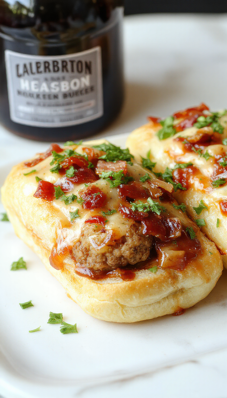 A plate of Flavor Frenzy Bourbon BBQ Bacon Cheeseburger Meatball Subs featuring juicy meatballs topped with melted cheese, crispy bacon, and flavorful barbecue sauce served in toasted buns.