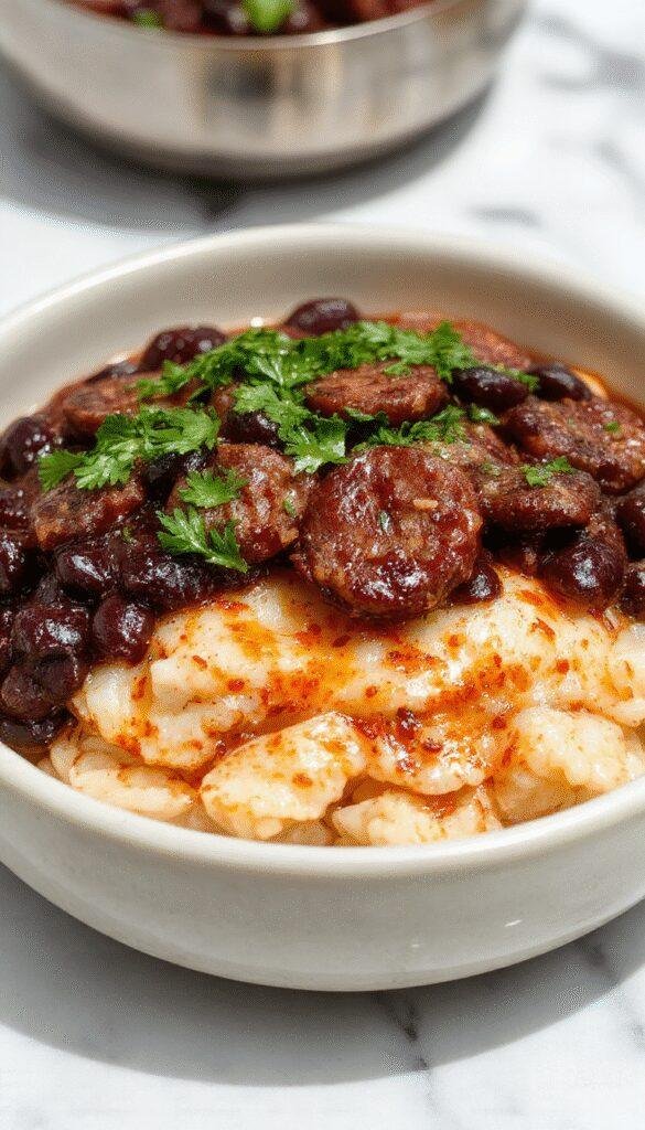 A vibrant plate featuring fluffy white rice topped with rich black beans and slices of browned sausage. The dish is garnished with chopped herbs, with a side of colorful vegetables and a drizzle of sauce, presented beautifully on a rustic ceramic plate.