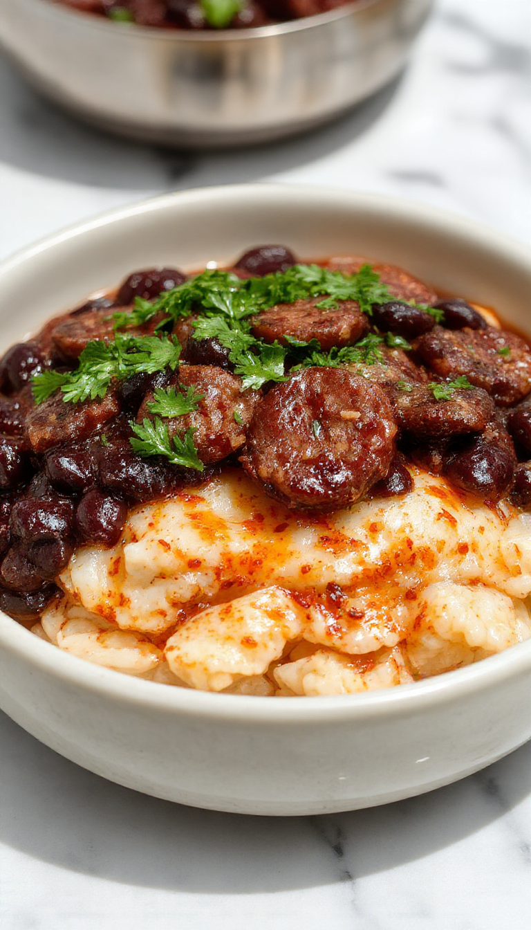 A vibrant plate featuring fluffy white rice topped with rich black beans and slices of browned sausage. The dish is garnished with chopped herbs, with a side of colorful vegetables and a drizzle of sauce, presented beautifully on a rustic ceramic plate.