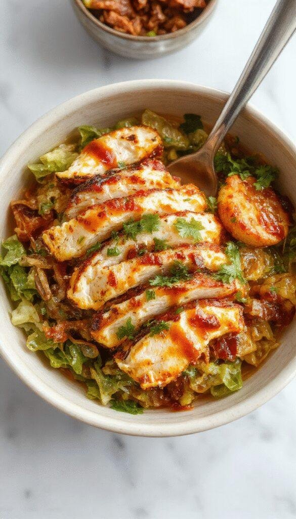 Colorful chicken burrito bowl featuring seasoned grilled chicken, fluffy rice, black beans, fresh diced tomatoes, chopped cilantro, and a drizzle of creamy sauce on a stylish white plate, set against a rustic wooden table with vibrant garnishes.
