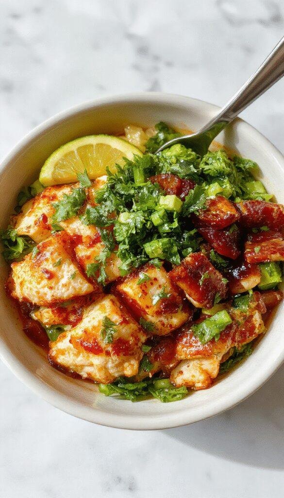 Colorful chicken burrito bowl featuring grilled chicken strips, vibrant diced tomatoes, creamy guacamole, shredded lettuce, and cheddar cheese arranged in a rustic bowl, with fresh herbs sprinkled on top, all set against a wooden table background.