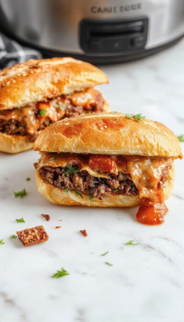 A close-up image of a savory French dip sandwich with tender roast beef slices piled on a toasted bun, topped with melted cheese and served with a small bowl of rich au jus for dipping. The sandwich is presented on a rustic wooden cutting board with fresh herbs and a side of crispy potato chips, showcasing its crispy bun, juicy meat, and inviting presentation.
