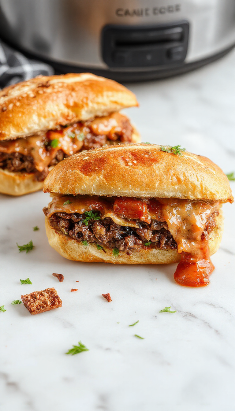 A close-up image of a savory French dip sandwich with tender roast beef slices piled on a toasted bun, topped with melted cheese and served with a small bowl of rich au jus for dipping. The sandwich is presented on a rustic wooden cutting board with fresh herbs and a side of crispy potato chips, showcasing its crispy bun, juicy meat, and inviting presentation.