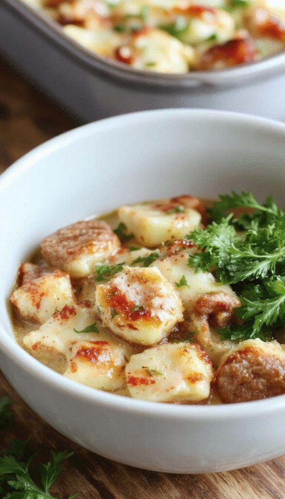 A comforting plate of Hearty Ranch & Smoked Sausage Potato Bake featuring sliced smoked sausages, golden baked potatoes, topped with fresh herbs and creamy ranch drizzle.