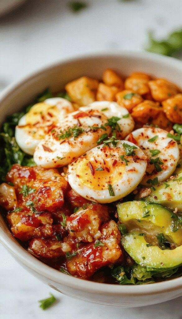A colorful Egg Roll Bowl featuring seasoned ground meat, shredded cabbage, carrots, green onions, and crispy wonton strips served in a bowl.