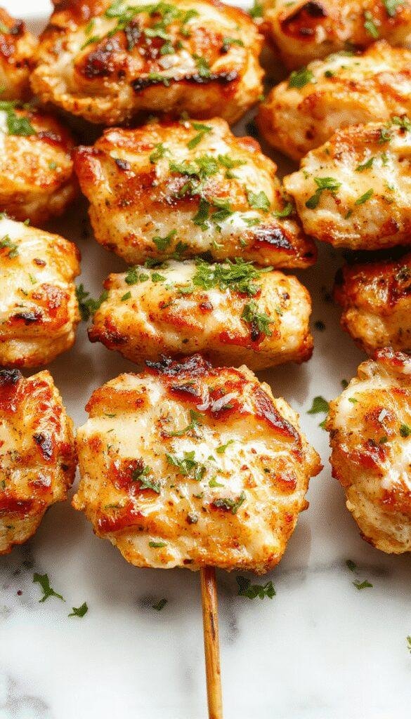 Colorful grilled chicken skewers coated with creamy ranch, flavorful garlic, and Parmesan cheese, served on a rustic platter with fresh herbs and char marks