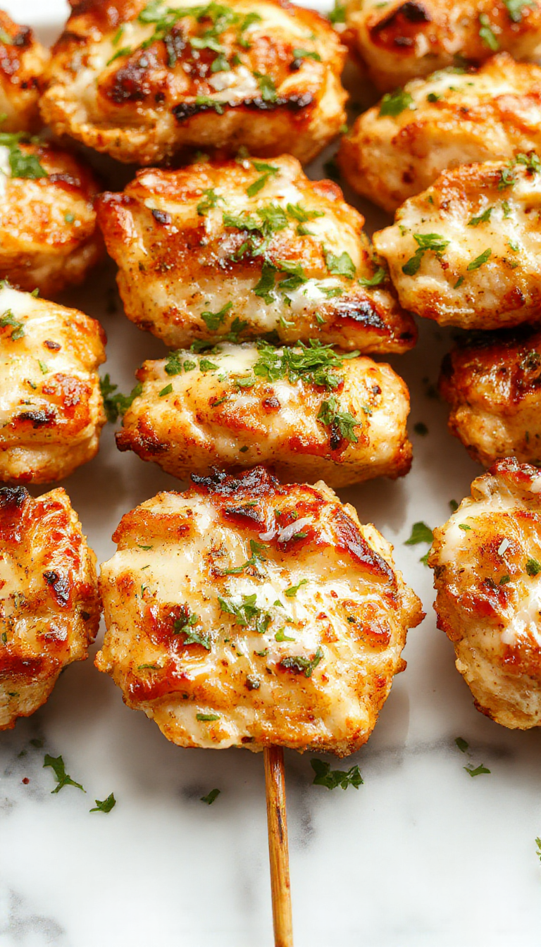 Colorful grilled chicken skewers coated with creamy ranch, flavorful garlic, and Parmesan cheese, served on a rustic platter with fresh herbs and char marks