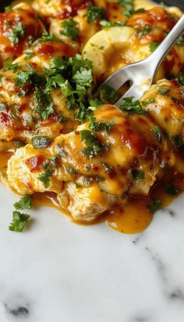 Vibrant and appetizing Southwest cheesy chicken skillet featuring golden-brown chicken breasts topped with melted cheese, colorful bell peppers, and fresh herbs, all arranged on a rustic wooden table with a sprinkle of cilantro for garnish.
