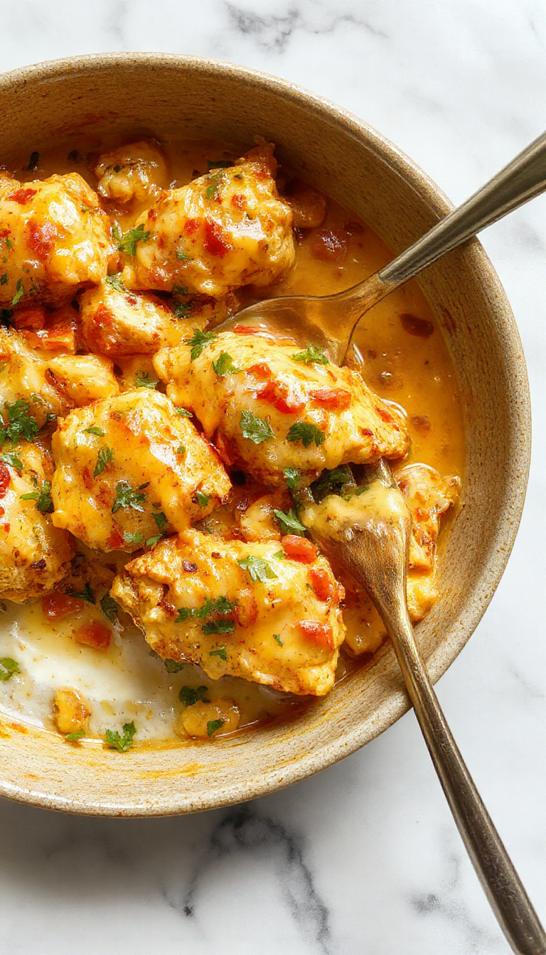 A vibrant skillet filled with tender chicken pieces topped with melted cheese, bright red and green peppers, jalapenos, and fresh cilantro, served in a rustic black skillet with a colorful backdrop