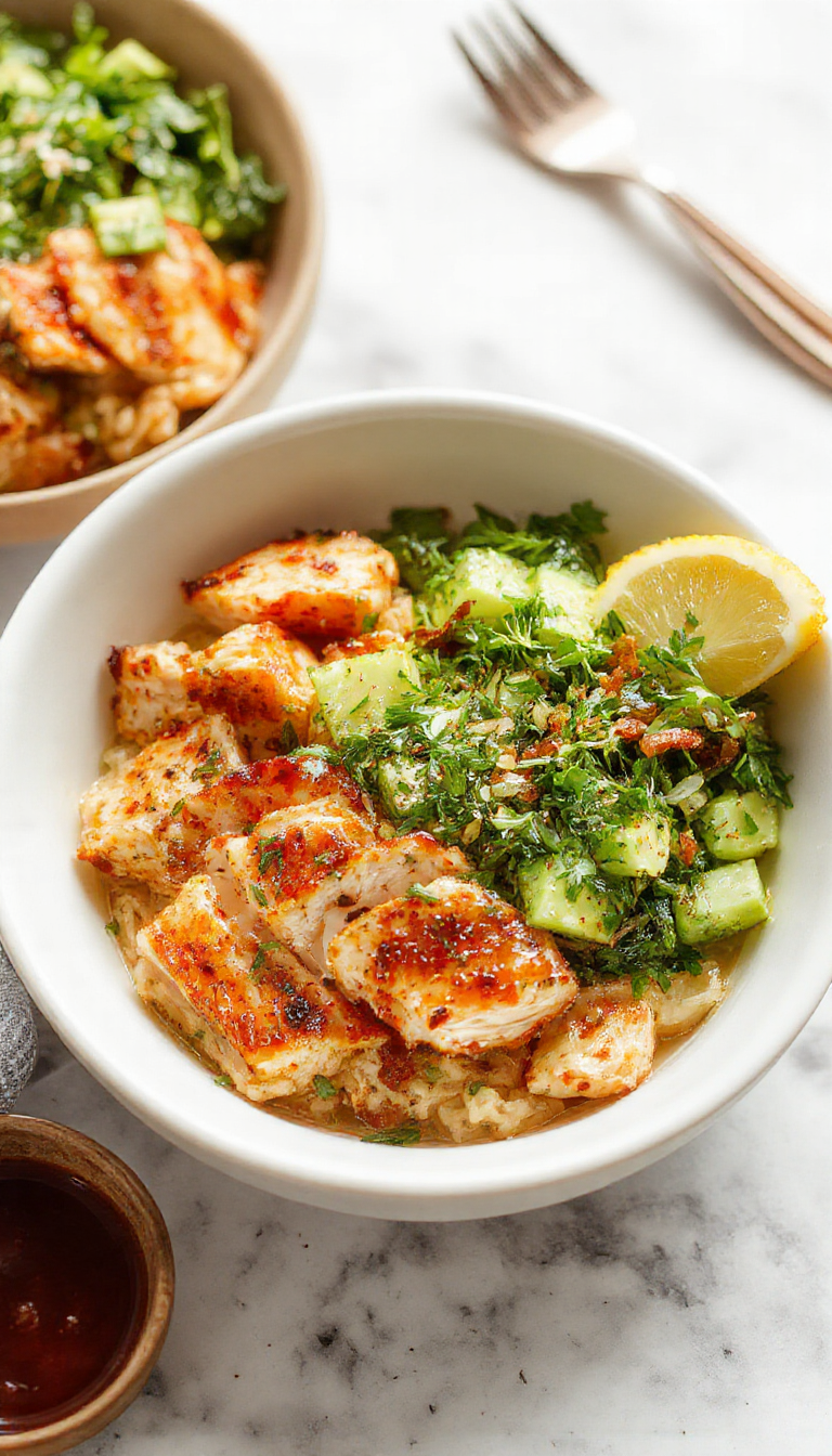 A vibrant chicken bowl with grilled chicken slices, colorful vegetables, and rice, garnished with herbs and a drizzle of sauce on a wooden platter.
