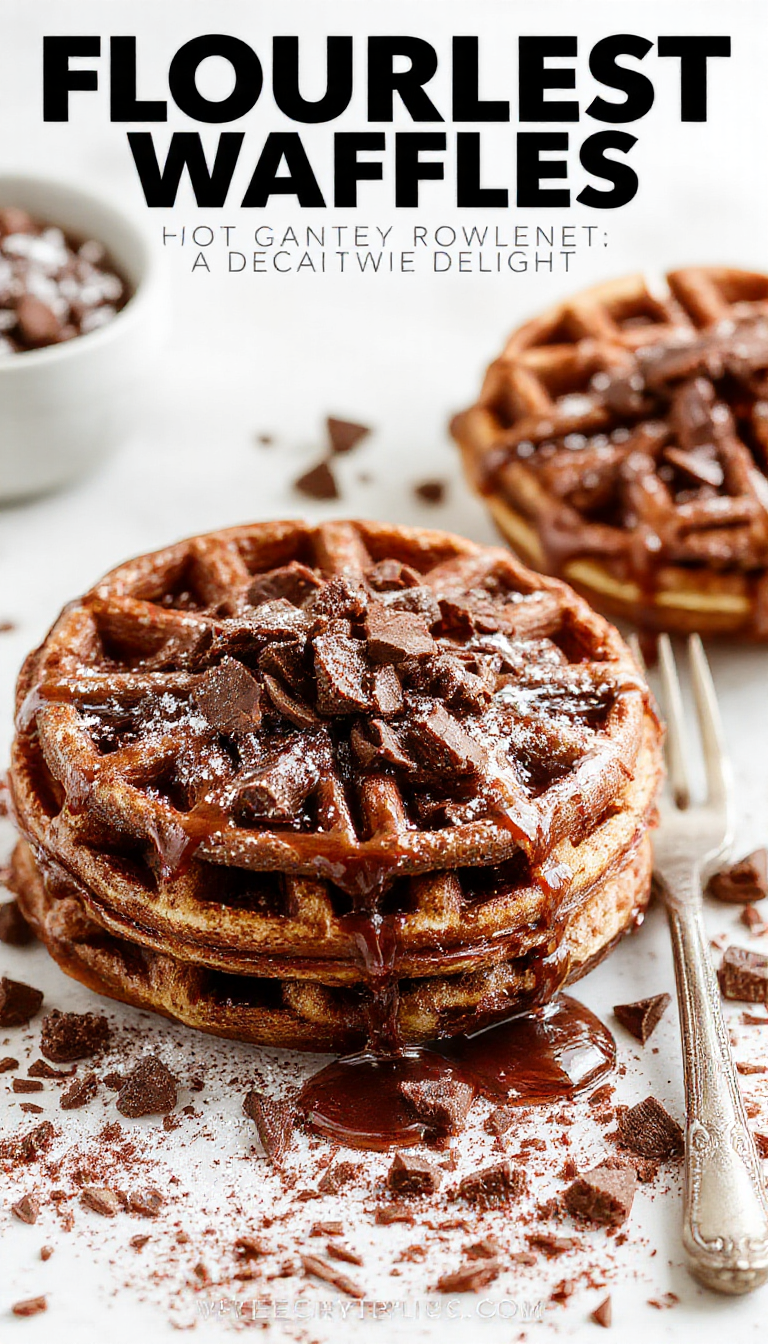 Decorative plate of Flourless Fudgy Waffles topped with chocolate ganache and fresh berries, showcasing their rich, brownie-like texture.